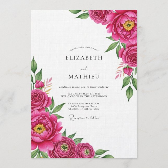 Convites Casamento Florido e Exuberante Magenta Pintado (Frente)