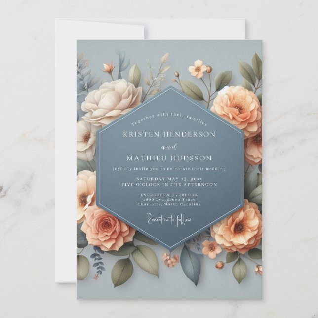 Convites Casamento Florido Elegante Azul Ardósia (Frente)