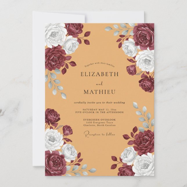 Convites Casamento Florido em Borgonha (Frente)