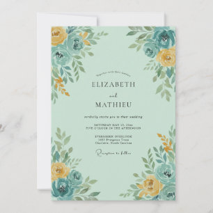 Convites Casamento Florido em Tons de Azul-Verde e Amarelo