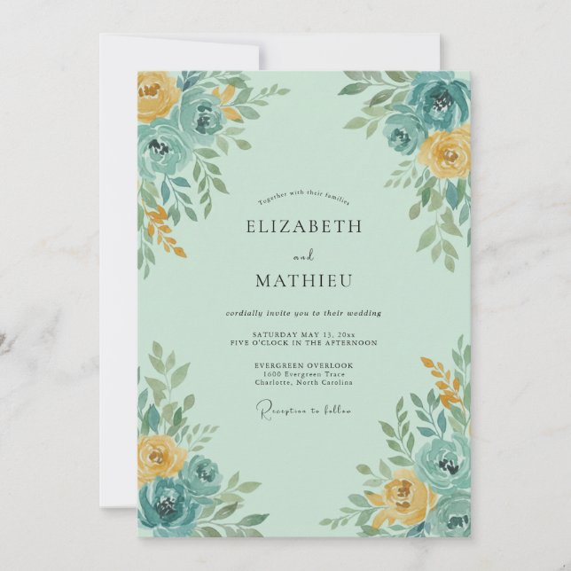 Convites Casamento Florido em Tons de Azul-Verde e Amarelo (Frente)