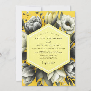 Convites Casamento Florido em Tons de Cinza Amarelo