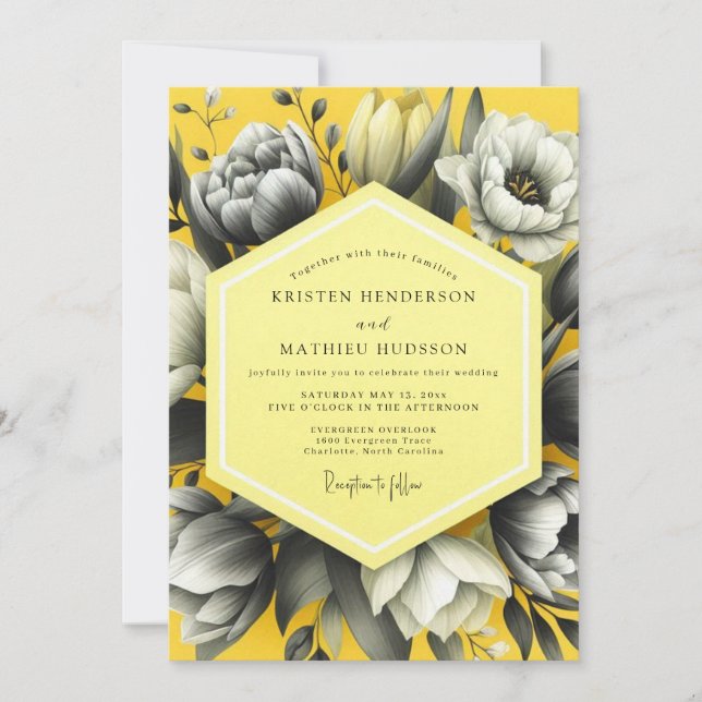 Convites Casamento Florido em Tons de Cinza Amarelo (Frente)