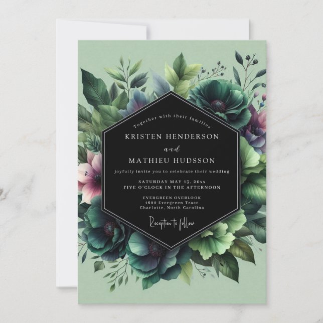 Convites Casamento Florido Esmeralda Moody (Frente)