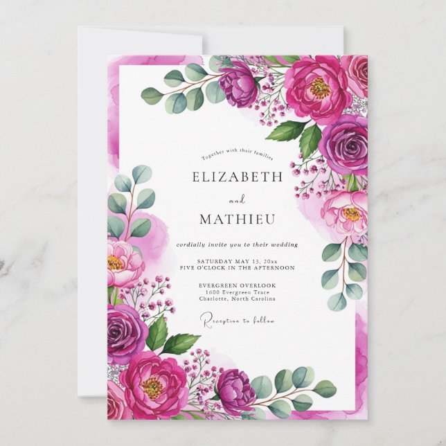 Convites Casamento Florido Etéreo Magenta (Frente)