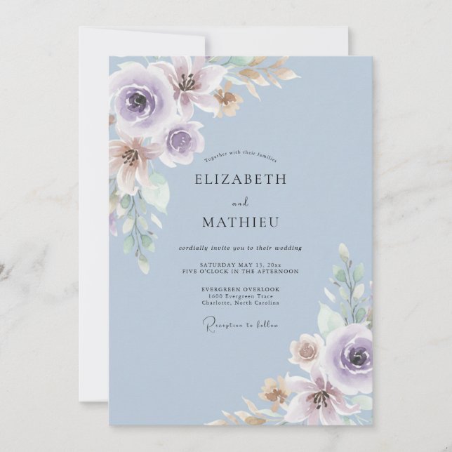 Convites Casamento Florido Exuberante em Azul Poeirento (Frente)