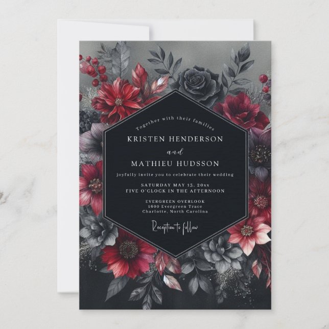 Convites Casamento Florido Gótico Borgonha (Frente)