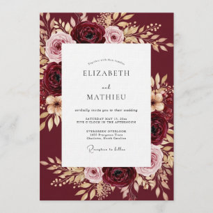 Convites Casamento Florido Luxuoso Borgonha
