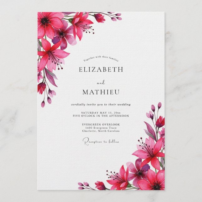 Convites Casamento Florido Magenta Pintado (Frente)