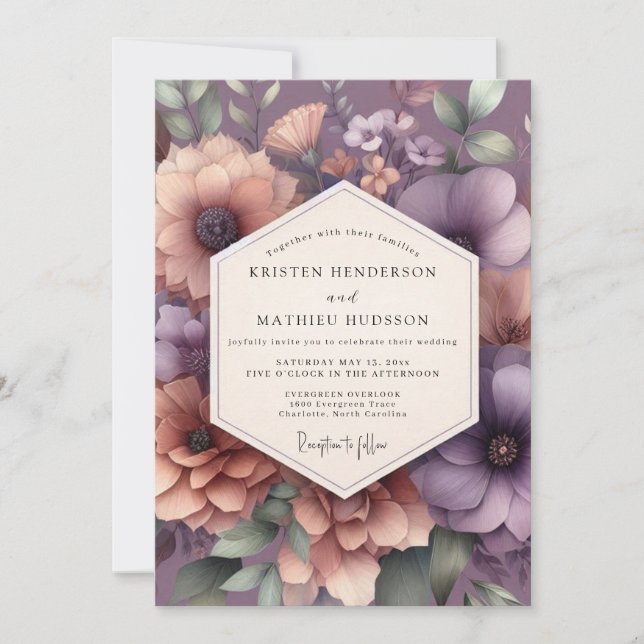 Convites Casamento Florido Malva Sombrio (Frente)