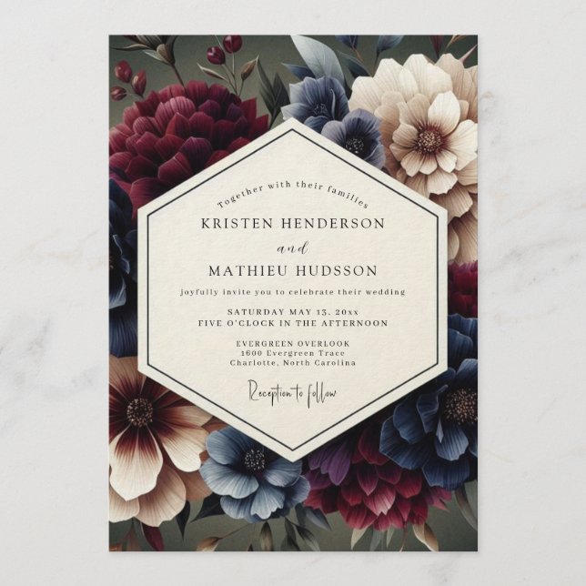 Convites Casamento Florido Merlot Rembrandt (Frente)