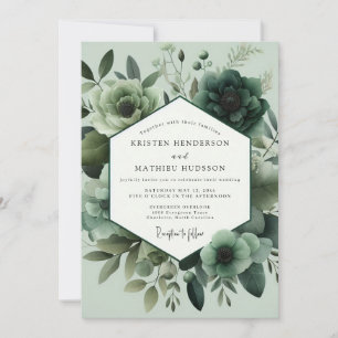 Convites Casamento Florido Monocromático em Verde Sage
