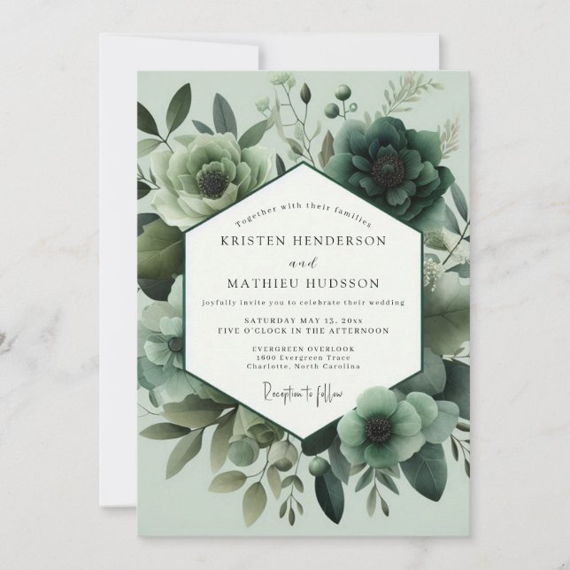 Convites Casamento Florido Monocromático em Verde Sage (Frente)