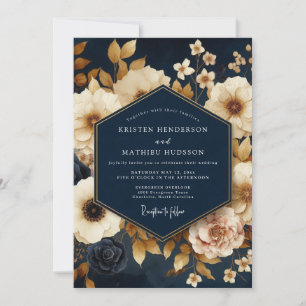Convites Casamento Florido Navy Dourado Pintura
