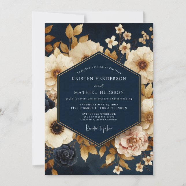 Convites Casamento Florido Navy Dourado Pintura (Frente)