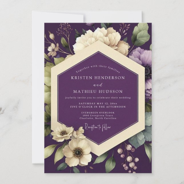 Convites Casamento Florido Opulento Ameixa (Frente)