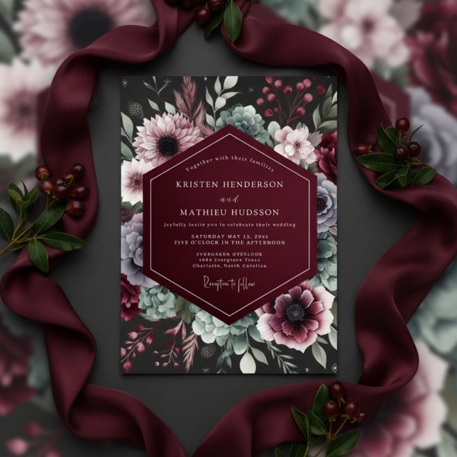 Convites Casamento Florido Opulento Borgonha (Criador carregado)