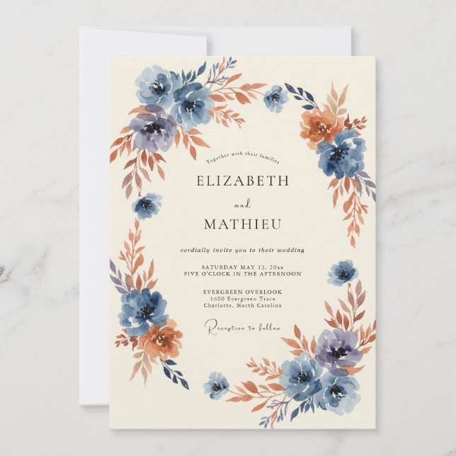 Convites Casamento Florido Outonal Azul (Frente)