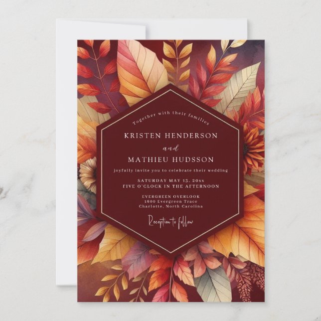 Convites Casamento Florido Outonal Borgonha (Frente)