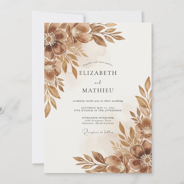 Convites Casamento Florido Outonal Marrom (Frente)