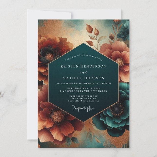 Convites Casamento Florido Outonal Turquesa (Frente)