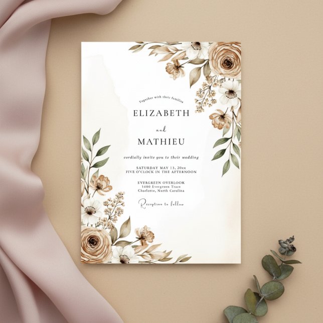 Convites Casamento Florido Painterly Bege (Criador carregado)