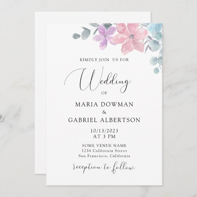 Convites Casamento florido pastel de cor aquosa (Frente/Verso)