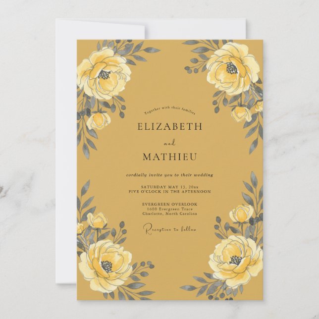 Convites Casamento Florido Pintado de Ocre (Frente)