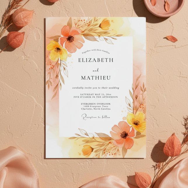 Convites Casamento Florido Pintado de Pêssego (Criador carregado)
