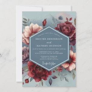 Convites Casamento Florido Pintado em Azul Ardósia