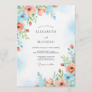Convites Casamento Florido Pintado em Azul Coral