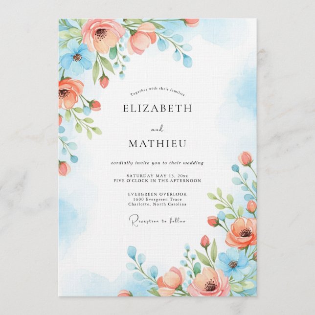 Convites Casamento Florido Pintado em Azul Coral (Frente)