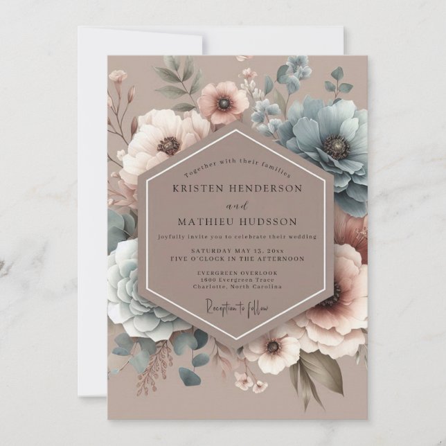 Convites Casamento Florido Pintado em Azul Desbotado (Frente)