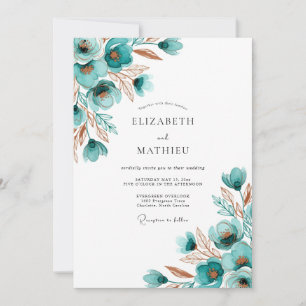 Convites Casamento Florido Pintado em Azul Verde