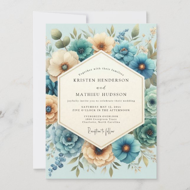 Convites Casamento Florido Pintado em Dourado e Turquesa (Frente)