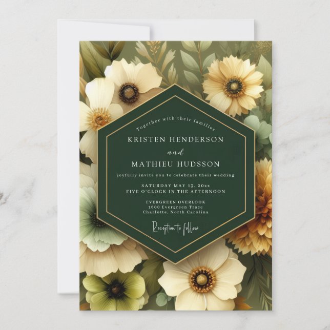 Convites Casamento Florido Pintado em Esmeralda (Frente)