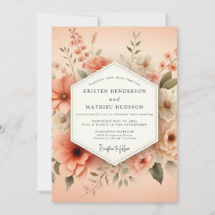 Convites Casamento Florido Pintado em Pêssego