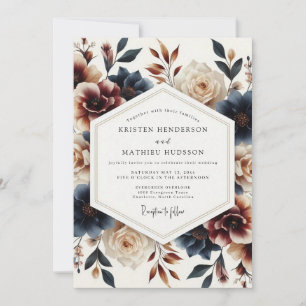 Convites Casamento Florido Pintado em Tons de Índigo