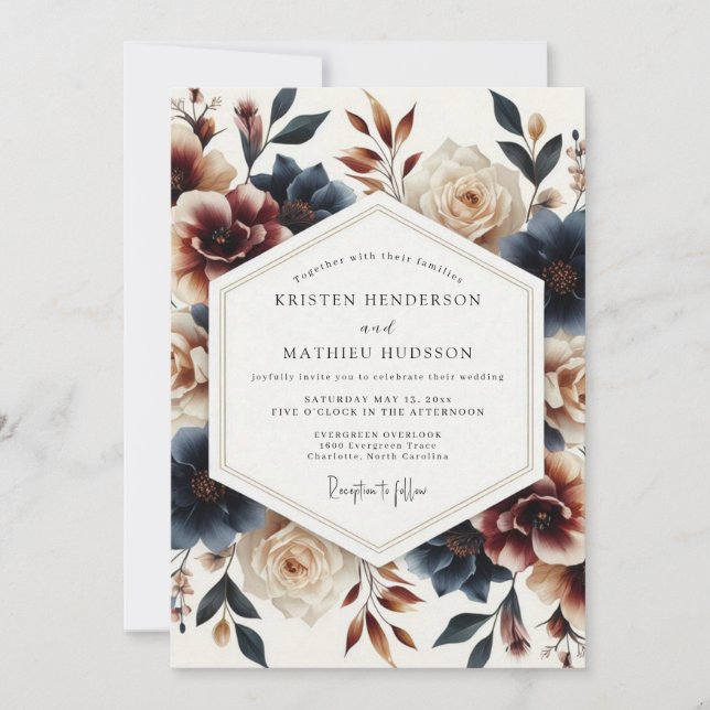 Convites Casamento Florido Pintado em Tons de Índigo (Frente)