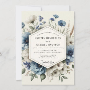 Convites Casamento Florido Poético em Azul Desbotado