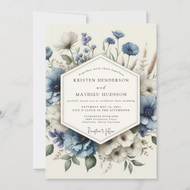Convites Casamento Florido Poético em Azul Desbotado (Frente)