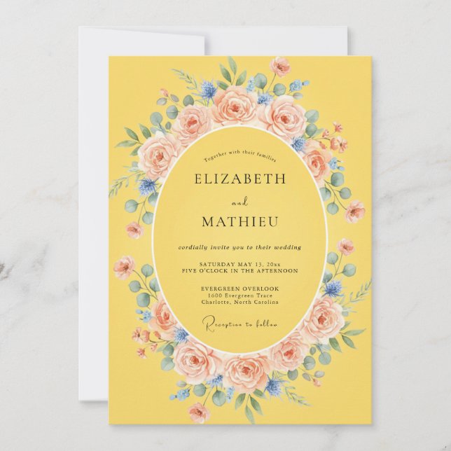 Convites Casamento Florido Romântico Amarelo (Frente)