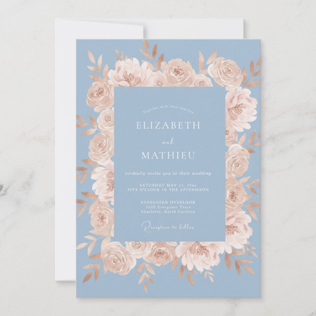 Convites Casamento Florido Romântico Blue Peach (Frente)