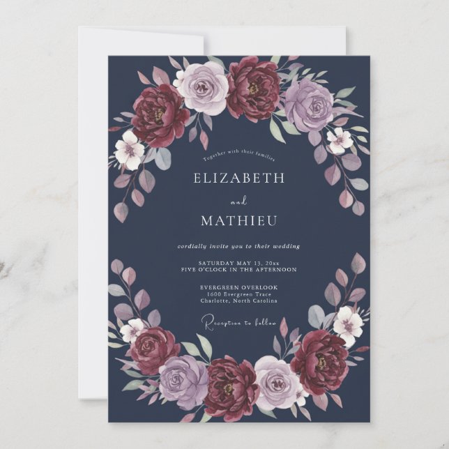 Convites Casamento Florido Romântico Lilás Borgonha (Frente)
