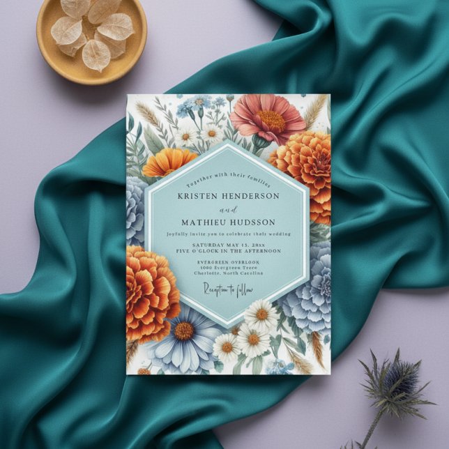 Convites Casamento Florido Rústico Azul Empoeirado (Criador carregado)