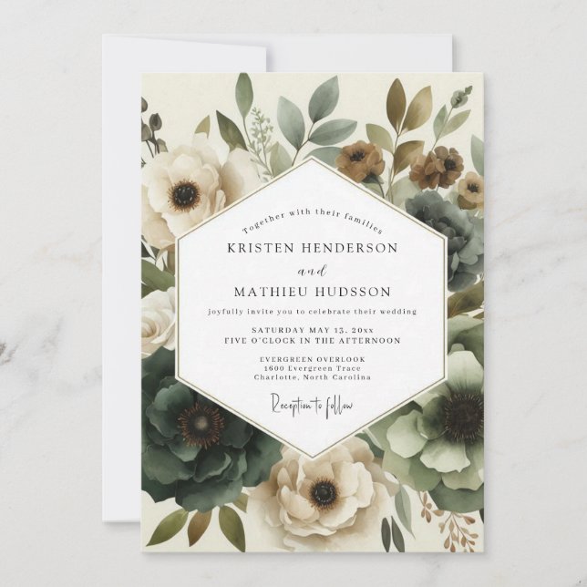 Convites Casamento Florido Silenciado em Verde Salvia (Frente)