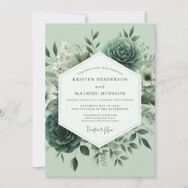 Convites Casamento Florido Turvo Verde Salvia (Frente)