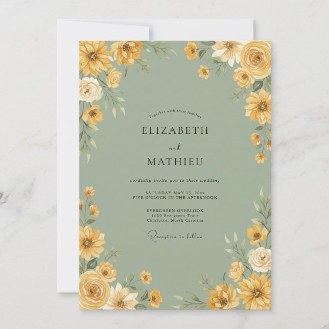 Convites Casamento Florido Verde Amarelo (Frente)
