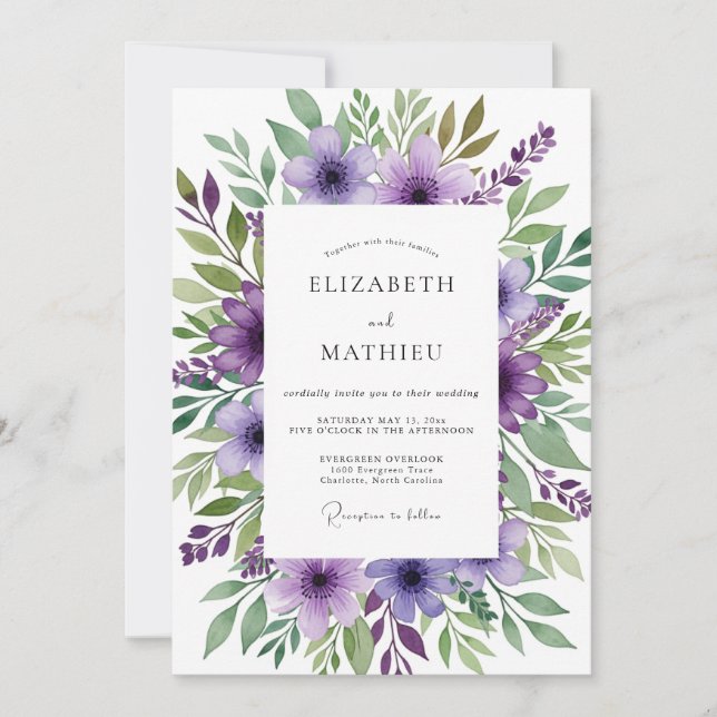 Convites Casamento Florido Verdejante Roxo (Frente)