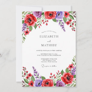 Convites Casamento Florido Vermelho Roxo Pintado